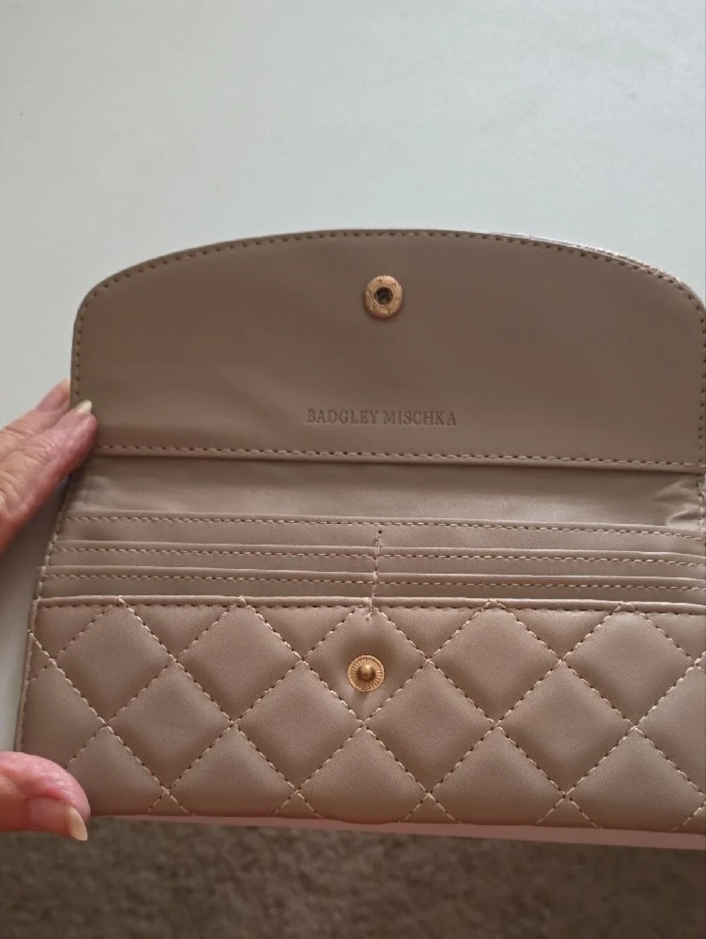 Badgley Mischka Quilted Taupe Wallet Clutch with Gold Logo